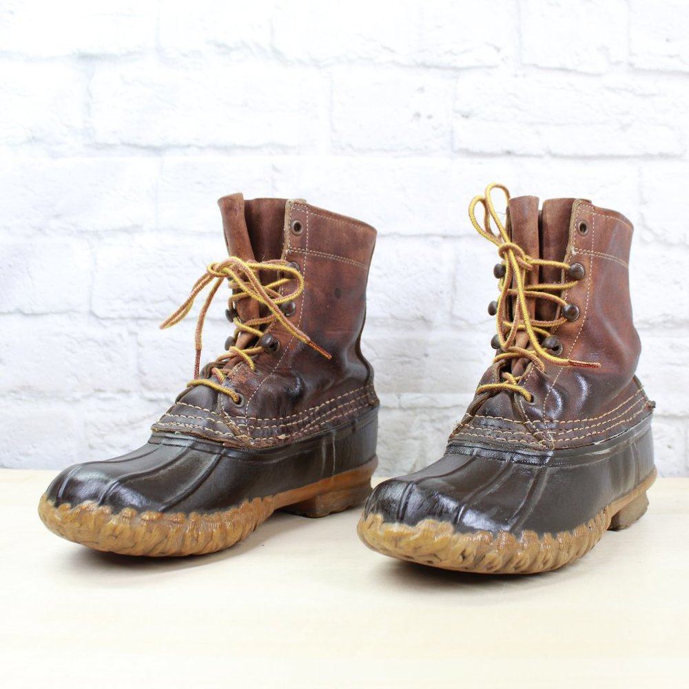Vintage LL Bean Unlined Brown Leather Lace-up Duck Ankle Boots Size 6 M - Picture 2 of 9